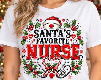 Santa's Favorite Nurse Christmas Shirt, Candy Cane Stethoscope Graphic Tee, Holiday Nurse Gift