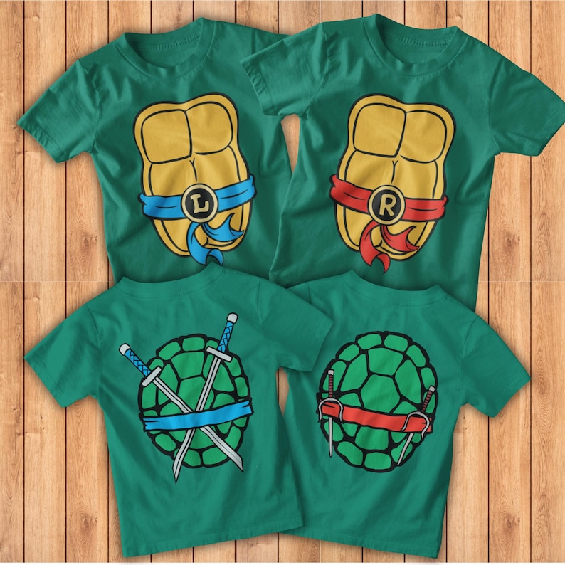 May include: Four green t-shirts with Teenage Mutant Ninja Turtles shell designs. Two shirts feature a yellow shell with a red or blue bandana and the letter 'R' or 'L'. The other two shirts feature a green shell with two swords and a red or blue bandana.