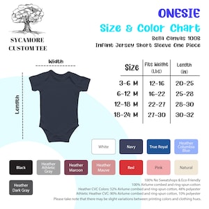 May include: Size chart for infant short sleeve onesies, showing sizes from 3-6 months to 18-24 months, with corresponding weight and length measurements in inches. The chart also shows a variety of color options, including white, navy, true royal, heather columbia blue, black, heather athletic gray, heather maroon, heather mauve, red, pink, and natural.