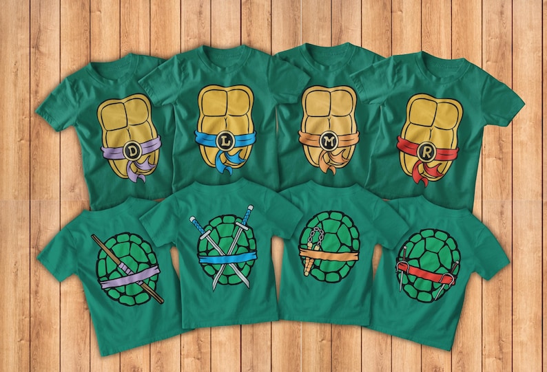 May include: Set of seven green t-shirts with Teenage Mutant Ninja Turtles shell designs. The shirts feature different colored masks and weapons, including katanas, sai, nunchakus, and a bo staff.