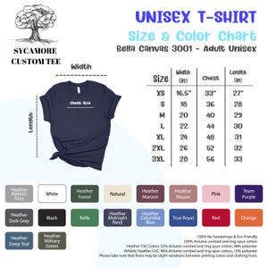 May include: Unisex t-shirt size and color chart with a navy blue t-shirt mockup. The chart shows sizes from XS to 3XL with corresponding chest and length measurements in inches. The chart also includes a color palette with various heather and solid colors.