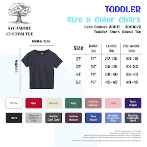 May include: Size and color chart for Bella Canvas 3001T - 3001CVC Toddler Short Sleeve Tee. The chart shows sizes 2T, 3T, 4T, and 5T with corresponding width, length, and weight measurements in inches and pounds. The chart also includes a color palette with options like white, red, natural, kelly, heather mauve, pink, team purple, black, heather athletic gray, heather dark gray, heather maroon, true royal, heather columbia blue, and heather midnight navy.
