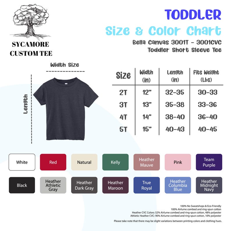 May include: Size and color chart for Bella Canvas 3001T - 3001CVC Toddler Short Sleeve Tee. The chart shows sizes 2T, 3T, 4T, and 5T with corresponding width, length, and weight measurements in inches and pounds. The chart also includes a color palette with options like white, red, natural, kelly, heather mauve, pink, team purple, black, heather athletic gray, heather dark gray, heather maroon, true royal, heather columbia blue, and heather midnight navy.
