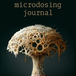 May include: A close-up of a white and brown mushroom with a unique, intricate, and almost skeletal structure. The mushroom is on a dark background with the text "microdosing journal" above it.