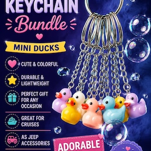 May include: A bundle of mini duck keychains in various colors, including yellow, pink, blue, and purple. The keychains are attached to a silver ring and chain. Text on the image reads "Duck Keychain Bundle" and "Adorable".