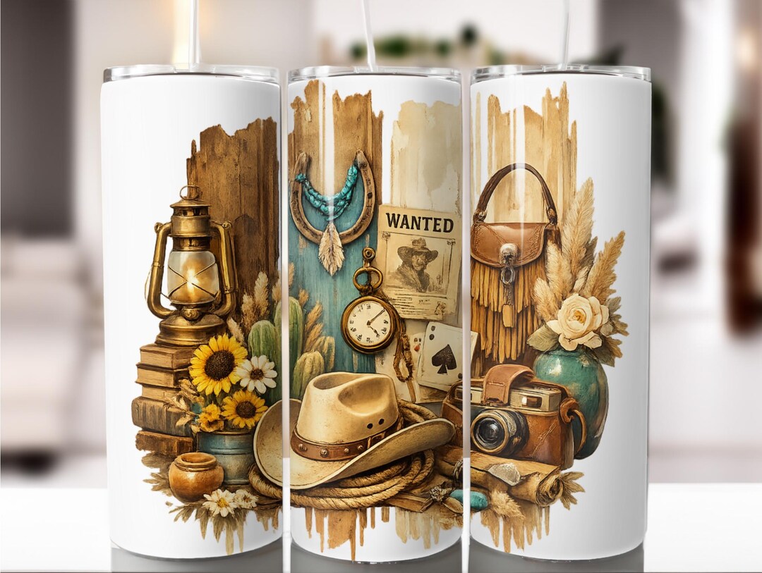 Western Cowboy Tumbler Wrap PNG, Rustic Ranch Sublimation Design (20oz ...