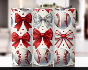 Puede incluir: Tres vasos de acero inoxidable con fondo blanco y un patrón de lazos rojos y blancos y pelotas de béisbol.