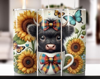 Floral Highland Cow 20oz Tumbler Wrap: Sunflower PNG Design (Digital Download)