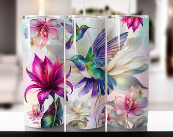Hummingbird Tumbler Wrap PNG | Floral Watercolor Sublimation Design | 20oz Skinny Tumbler Digital Download