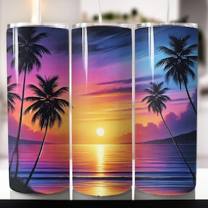 May include: Three stainless steel tumblers with a colorful sunset and palm trees design. The tumblers have a brushed metal finish and are perfect for keeping drinks cold or hot.