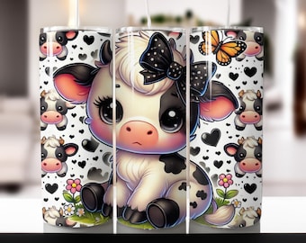 Lindo vaso envolvente de vaca de las tierras altas, diseño de vaso de sublimación delgado de 20 oz, diseño de sublimación de vaca bebé de las tierras altas PNG, vaso floral PNG, descarga
