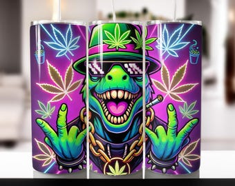 Envoltorio para vaso de 20 oz con diseño de hoja de marihuana y dinosaurio – Diseño de sublimación (descarga digital)