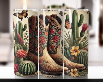 Cowgirl Boots Tumbler Wrap: Western Cactus Floral Design (Digital Download)