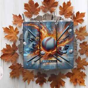 May include: Three stainless steel tumblers with a baseball theme. The tumblers feature a baseball, bats, and flames against a blue and white background. The middle tumbler has the word "BASEBALL" printed on it.