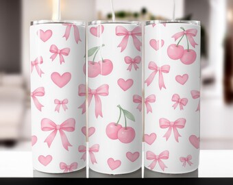 Cherry Bow Tumbler Wrap: Cuori romantici ad acquerello PNG (download digitale)