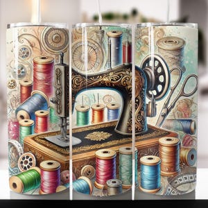 May include: A vintage-style sewing machine with spools of colorful thread, a pair of scissors, and a measuring tape. The design is on a tumbler with a white background.