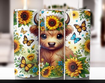 Floral Highland Cow 20oz Tumbler Wrap: Sunflower PNG Design (Digital Download)