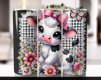 Lindo vaso envolvente de vaca de las tierras altas, diseño de vaso de sublimación delgado de 20 oz, diseño de sublimación de vaca bebé de las tierras altas PNG, vaso floral PNG, descarga