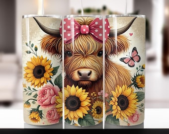 Floral Highland Cow Tumbler Wrap: Sunflower PNG Design (Digital Download)