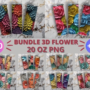 May include: A bundle of 50 digital designs for 20 ounce tumblers featuring 3D flower patterns in various colors.  The designs are perfect for sublimation printing.