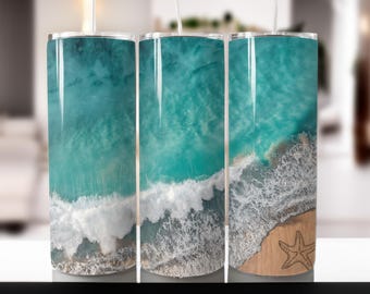 Seamless Beach Tumbler Design: Ocean Coastal PNG (Digital Download