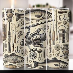 May include: A white tumbler with a colorful design featuring fishing lures, fish, and fishing reels. The design is in a vintage style with a cream background.