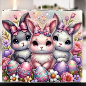 May include: Three cartoon bunnies with pink bows and Easter eggs. The bunnies are gray, pink, and white. The eggs are decorated with pink, purple, and blue stripes.
