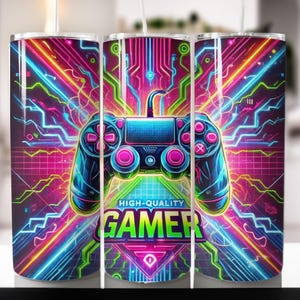 May include: A colorful, neon-themed tumbler with a video game controller graphic and the text "HIGH-QUALITY GAMER".