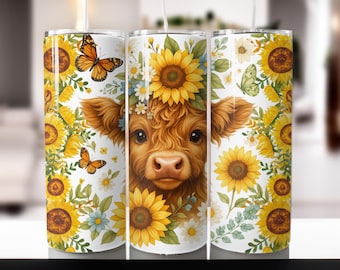 Highland Cow Sunflower 20oz Tumbler Wrap PNG (Digital Download)