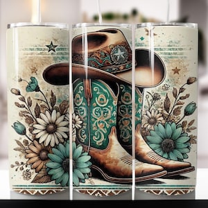 Westerncowboylaarzen wrap beker, 20 oz magere beker sublimatie ontwerp wrap, digitale download, recht ontwerp png, cactus en bloemen