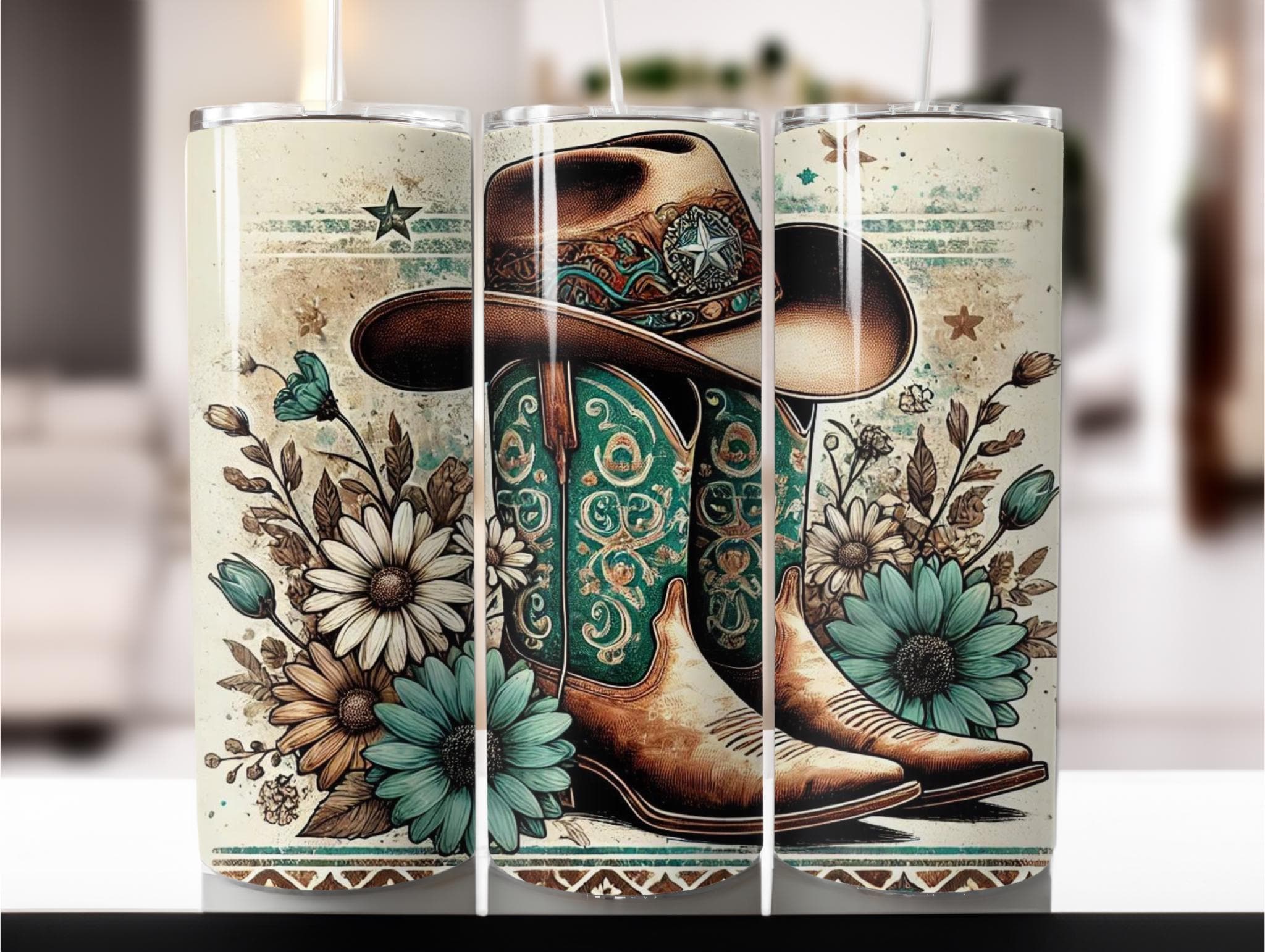 Emballage de gobelet bottes de cowboy western, 20 oz gobelet skinny Sublimation Design Wrap, téléchargement numérique, conception droite PNG, cactus et fleurs