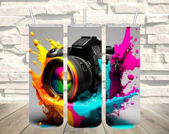 Photographer Camera Neon 20oz Skinny Tumbler Sublimation Wrap,tumbler wraps Designs for Straight and Tapered Tumbler ,17design Gifts for you