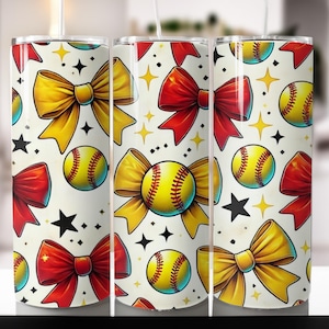May include: White tumbler with a pattern of yellow and red bows, baseballs, and stars.