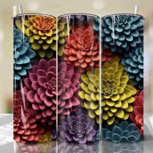 May include: Three stainless steel tumblers with a colorful floral pattern. The flowers are in shades of pink, yellow, blue, and green.