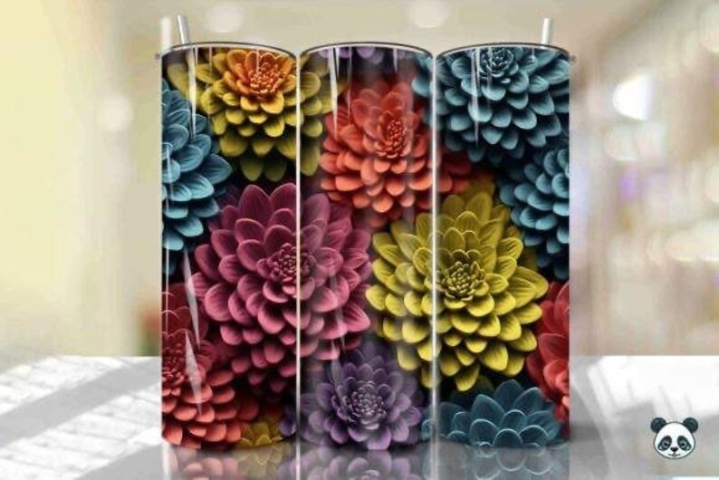 May include: Three stainless steel tumblers with a colorful floral pattern. The flowers are in shades of pink, yellow, blue, and green.