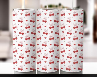 Cherry Bow Tumbler Wrap: Design con cuori acquerellati di San Valentino (download digitale)