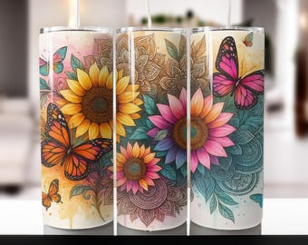 Sunflower Butterfly Tumbler Wrap: 20oz Skinny Tumbler Sublimation Design (PNG Digital Download)