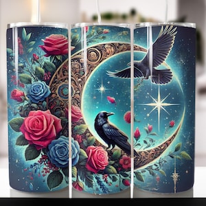 May include: A stainless steel tumbler with a colorful design featuring a crescent moon, a raven, and roses. The moon is adorned with intricate gold details and the raven is perched on a branch with roses.