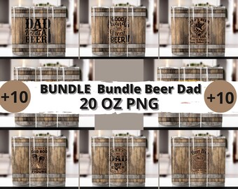 May include: A set of ten 20 ounce sublimation tumblers featuring various designs with a beer barrel theme. The designs include text such as "Dad Needs a Beer", "Good Friends Make Great Beer", "Dad's Beer", "It's Not a Dad Bod, It's a Father Figure", "Dad of the Year", and "Best Dad No. 1".