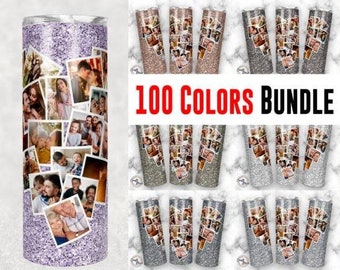 May include: A set of 100 color glitter tumblers with a collage of photos printed on them. The tumblers are all the same size and shape, but each one has a different color glitter. The photos on the tumblers are all different, but they all feature people. The tumblers are arranged in a grid pattern on a white surface. 100 COLORS BUNDLE