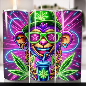 Marijuana Monkey 20oz Tumbler – Neon Weed Leaf Wrap (PNG Digital Download)