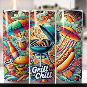 Tumbler Wrap, &quot;Grill and Chill&quot; Sublimation Designs, 20 oz Skinny, png, Digital Download, Instant,