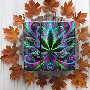 May include: Three stainless steel tumblers with a psychedelic design featuring a green marijuana leaf surrounded by swirling pink, blue, and green colors.