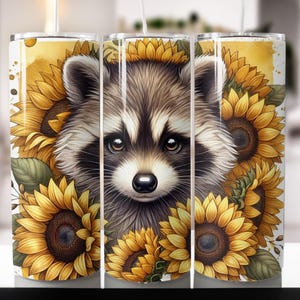 Envoltura para vaso delgado de 20 oz con diseño de mapache y girasol (sublimación, descarga digital instantánea PNG)