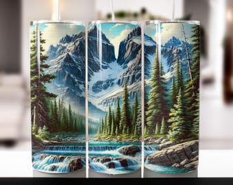 Nature Tumbler Wrap: Mountain River Scene PNG (Digital Download)