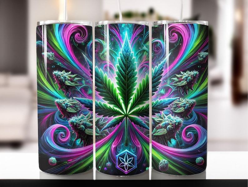 May include: Three stainless steel tumblers with a psychedelic design featuring a green marijuana leaf, swirling pink, blue, and green colors, and a geometric pattern.