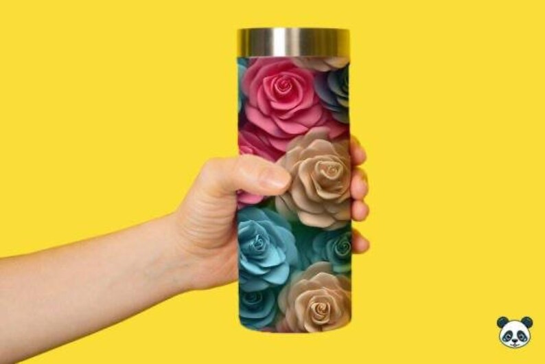 May include: A stainless steel tumbler with a floral design featuring pink, blue, and beige roses.