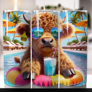 Sunny Highland Cow Tumbler Design 20oz Sublimacja PNG Poolside Chill Highland Cow Tumbler Wrap Letni projekt Sublimacja Cyfrowy plik