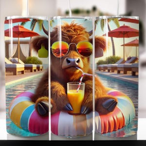 Sunny Highland Cow Tumbler Design 20oz Sublimacja PNG Poolside Chill Highland Cow Tumbler Wrap Letni projekt Sublimacja Cyfrowy plik