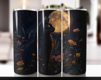 Envoltório para copo térmico Full Moon Black Cat, estampa floral celestial (PNG)